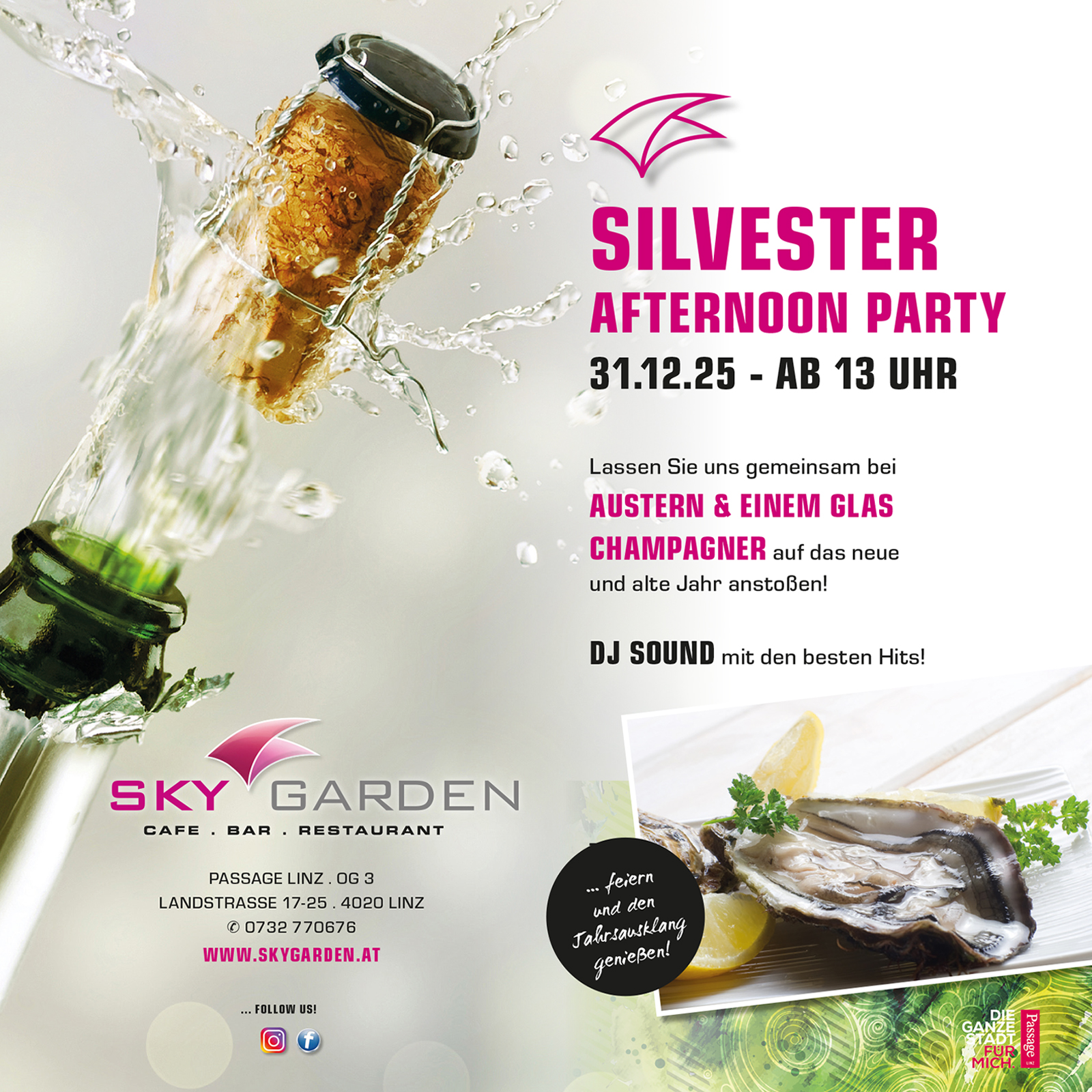http://Silvester%20Afternoon%20Party%20im%20Skygarden%20Linz%20am%2031.12.2025%20–%20Champagnerflasche%20wird%20geöffnet,%20frische%20Auster%20auf%20Eis,%20Einladung%20zu%20stilvollem%20Jahresausklang%20mit%20DJ-Musik%20und%20Panoramablick