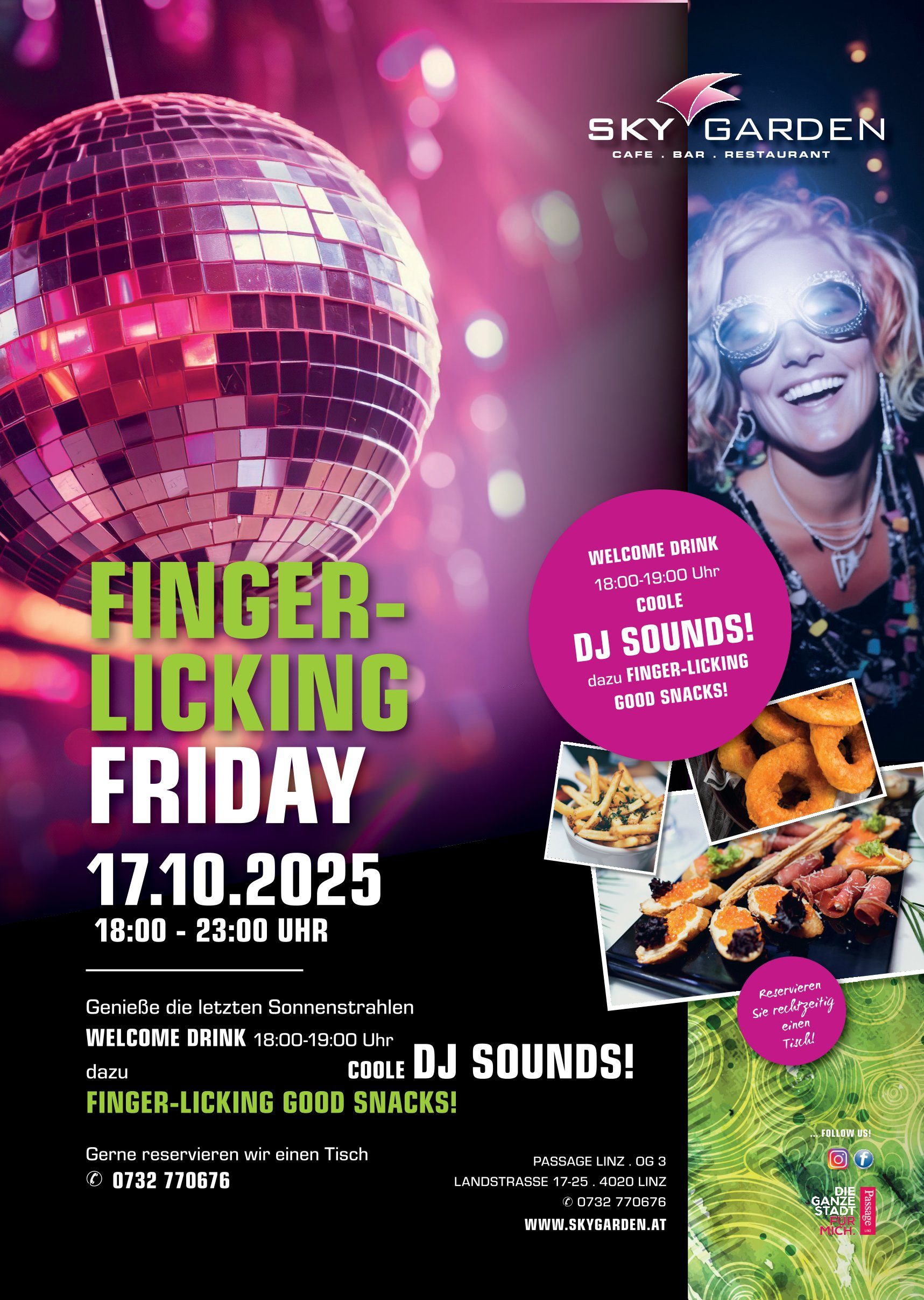 Finger-Licking Friday im Sky Garden Linz – Bar, Restaurant & Party mit DJ, Welcome Drink und Snacks am 17.10.2025.
